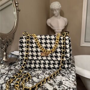 Black and White Houndstooth Bag with Gold Chain cross body and or top handle